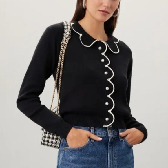 Rachel Antonoff Sweaters - Rachel Antonoff XS Black Knit White Scalloped Trim Pearl Button Cupcake Cardigan